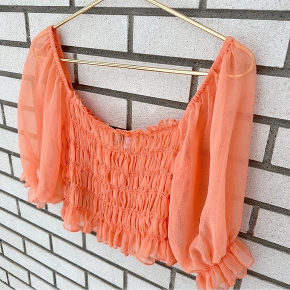 Urban Outfitters Sierra Smocked Sheer Puff Sleeve Crop Top M Peach Cottagecore - Picture 10 of 13